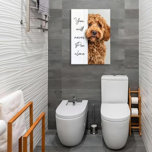 Funny Dog Bathroom Canvas Wall Art Cute Animal Humorous Goldendoodle Painting Pictures Restroom Wall Decor You Will Never Pee Alone Poster Print Artwork for Toilet Nursery Decor 16x24in
