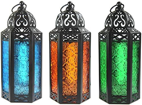 Vela Lanterns Decorative Indoor Moroccan Holder, Blue/Amber/Green, M, 3-PK