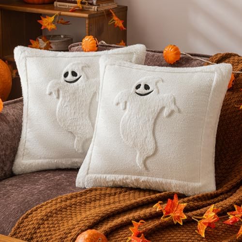 Black Halloween Ghost Throw Pillow Covers 18x18 Inch Set of 2, Soft Fluffy Embroidered Fall Couch Cushion Covers with Full Ghost Pattern for Sofa Farmhouse Living Room Spooky Decor B