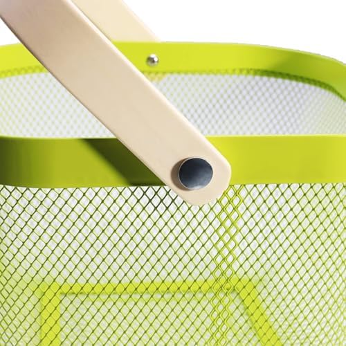 AJIODA Metal Mesh Steel Basket, Storage Organizer Basket Multi-functional Hanging Kitchen Baskets Fruit Basket with Wooden Handle for Kitchen Bathroom Picnic Shopping Decor Cabinet Home, Macaron Green
