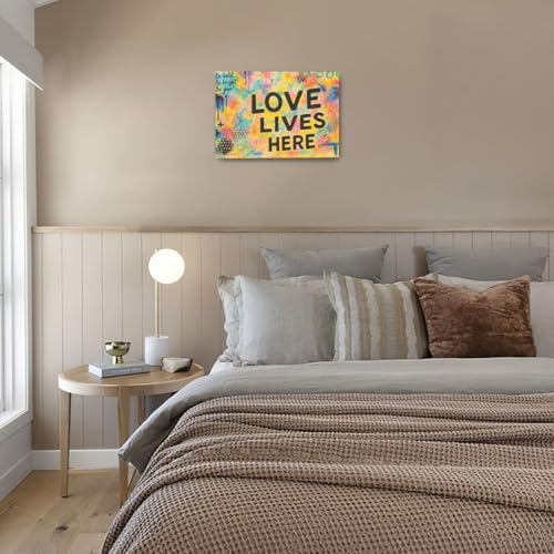 Crekviy Banksy Wall Art Street Graffti Wall Decor Romantic Love Canvas Prints Painting Love Lives Here Artwork Decorations for Bathroom Bedroom Living Room Framed Gifts 16"x24"