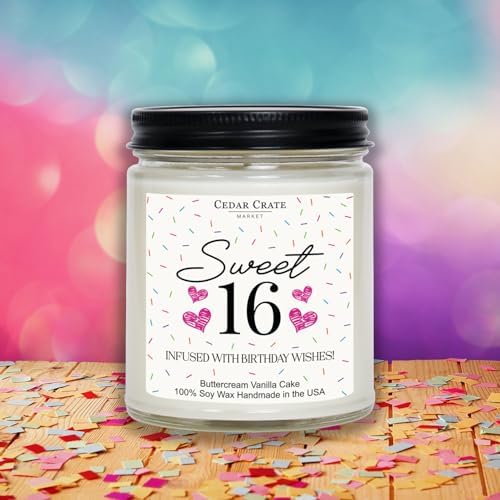 Cedar Crate Market -16th Birthday Gifts for Girls, Sweet 16 Birthday Candle, Buttercream Vanilla Cake Scented, Soy Wax Present for Daughter, Friend,Teen Girl, Handmade Aromatherapy Candle Decorations