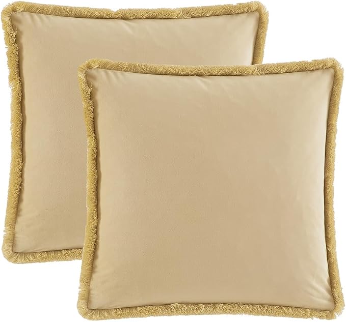 JUSPURBET Pack of 2 Khaki Decorative Fringe Velvet Throw Pillow Covers 26x26 for Home Decor Living Room Bedroom Car Boho Soft Cushion Cover with Hidden Zipper Machine Washable