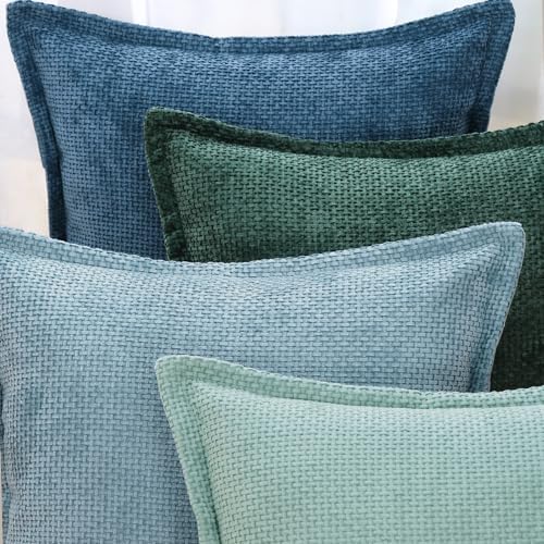MADIZZ Decorative Chenille Velvet Throw Pillow Covers Set of 2 Soft Boho Textured Neutral Couch Throw Pillow for Bed Modern Farmhouse Home Decor for Sofa Livingroom Light Blue 18x18 Inch