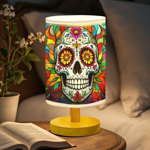 Day of The Dead Table Lamp LED 3-Color Pressed Bedside, Day of The Dead Shade Lamp with Wood Base for Bedroom Living Room Desk Office TL01