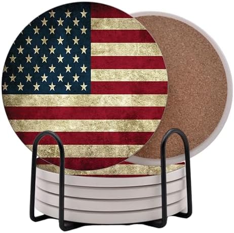 USA American Flag United States Round Coasters Set of 6 - Abosrbent Ceramic with Metal Stand for Drinks, Coffee, Non-Slip Cork Back for Tabletop Protection, 4 Inches (Rustic)