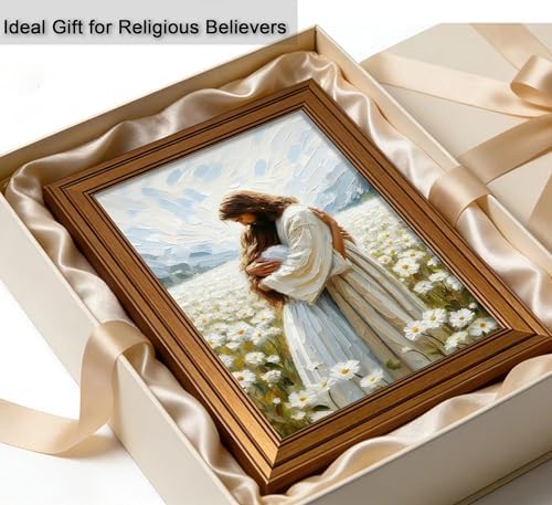 Vintage Gold Framed Jesus Wall Art Jesus Hugging Girl Christian Canvas Prints God Embracing Woman Picture Religious Beliefs Spiritual Painting Poster Artwork for Living Room Bedroom Church
