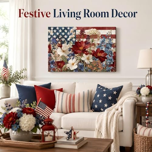 Patriotic Floral American Flag Framed Canvas Wall Art, 4th of July Wildflower Pictures, Independence Day Canvas Prints for Living Room, Bedroom, Kitchen, Farmhouse, Home Wall Decor