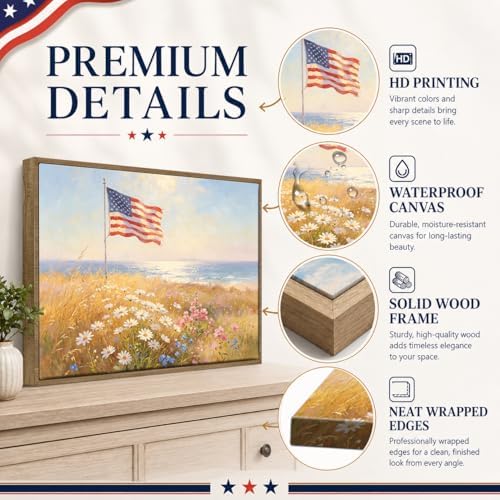 American Flag Framed Canvas Wall Art, 4th of July Floral Canvas Prints | Wildflower Landscape Poster Print, Vintage Rustic Independence Day Wall Decor for Bedroom Living Room Office 8×10in