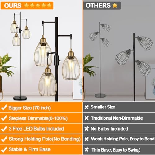 Dimmable Floor Lamp, Industrial Floor Lamps for Living Room, Gold and Black Tree Lamp Standing Lamp Tall Lamps with 3 Elegant Teardrop Cage Head & 800 Lumens LED Bulbs for Living room Bedroom Office