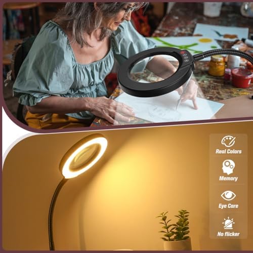 10X Magnifying Glass with Light and Stand, 16.5in Flexible Goose-Neck, 5 Color Modes Stepless Dimmable LED Lighted Desk Lamp, Hands Free Magnifier for Crafting Hobby Painting Close Work - Black