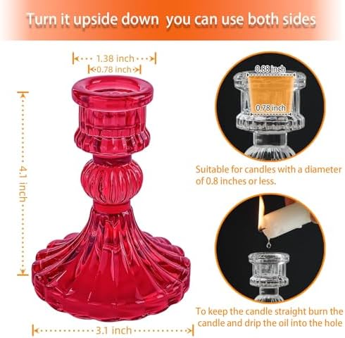 Red Glass Candlestick Holders, Taper Candle Holders, Set of 6