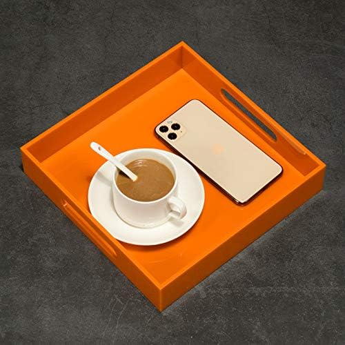 KEVLANG Orange Sturdy Acrylic Serving Tray with Handles-10x10Inch-Serving Coffee,Food,Breakfast,Butler-Kitchen Countertop Tray-Makeup Drawer Organizer-Vanity Table,Ottoman Tray-Decorative Tray