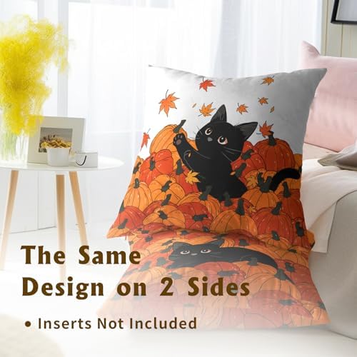 Fall Black Cat Throw Pillow Cover 22X22 Inch Set of 2 Autumn Pumpkins Maple Leaves Outdoor Pillow Cases Thanksgiving Harvest Farmhouse Square Cushion Cover For Sofa Porch Patio Home Decoration