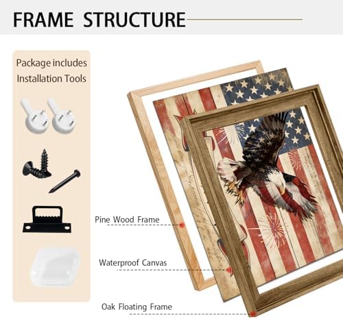 American Flag Framed Canvas Wall Art, 4th of July Patriotic Canvas Prints | USA Flag with Bald Eagle Poster Print, Vintage Independence Day Wall Decor for Bedroom Living Room 24×36in
