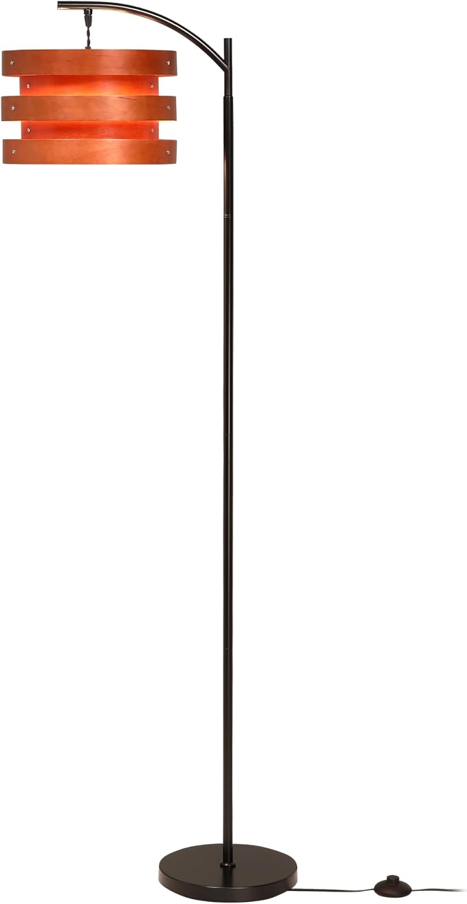 O’Bright Strata Wooden Floor Lamp - Mid Century Modern Standing Lamp with Layered Wood Shade, Tall Reading Lamp for Living Room, Bedroom, Office, Black, Dark Oak, Horizon Shade