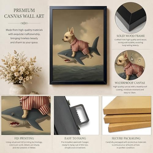Funny Chihuahua Riding Shark Wall Art, Framed Dog Bathroom Canvas Print, Abstract Animal Wall Decor, Whimsical Humor Art Oil Painting for Bathroom Bedroom Living Room Home Decor 8x10 Inch