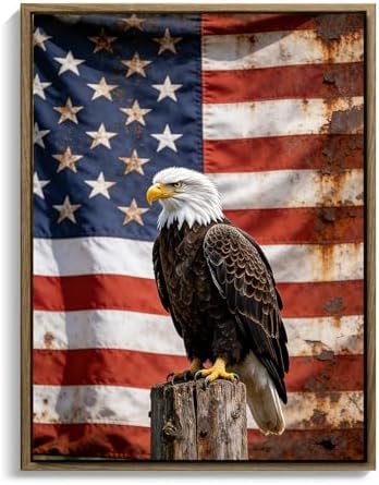 American Flag Framed Canvas Wall Art, 4th of July Patriotic Canvas Prints | USA Flag with Bald Eagle Poster Print, Vintage Independence Day Wall Decor for Bedroom Living Room 8×10in