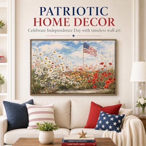 American Flag Framed Canvas Wall Art, 4th of July Patriotic Canvas Prints | Wildflower Landscape Poster Print, Vintage Rustic Independence Day Wall Decor for Bedroom Living Room Office 8×10in