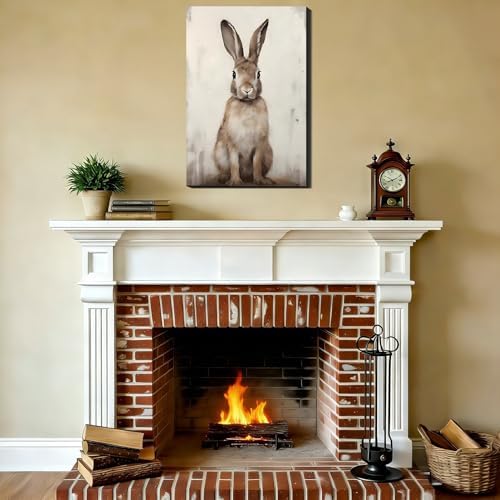 Vintage Rabbits Portrait Canvas Wall Art, Brown Easter Canvas Art for Living Room, Fireplace Wall Decor, Framed Spring Bunny Poster Prints for Bedroom Bathroom Holiday Decoration