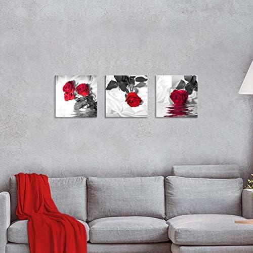 NAN Wind Canvas Print 3 Pcs Black White and Red Wall Art Rose Wall Decor Abstract Decorations Flower Picture on Canvas for Home Decor Stretched and Framed 12X12inches