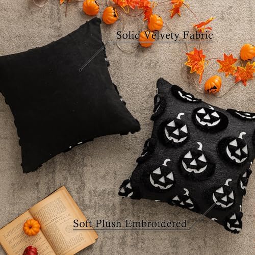 Black Halloween Pumpkin Fall Throw Pillow Covers 20"x20" Set of 2 Soft Faux Fur Ghost Pillow Covers for Couch Sofa Bed, Cute Autumn Farmhouse Cushion Case for Holiday Home Living Room Decor