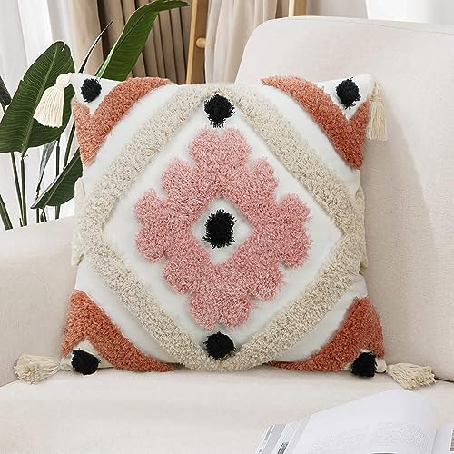 Merrycolor Boho Throw Pillow Covers 18x18 with Tassels Tufted Pink Throw Pillows Modern Farmhouse Decorative Pillows Cover for Bed Couch Sofa Bedroom,1PC