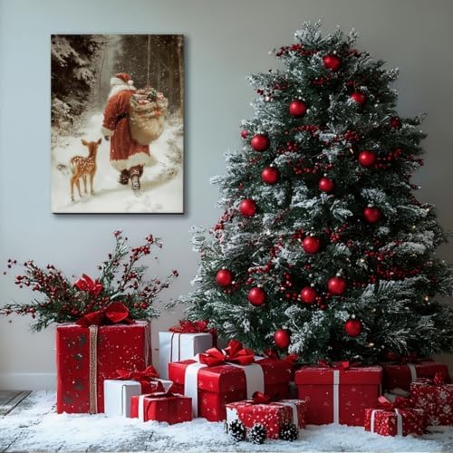 FLZYKGPA Christmas Wall Art 24x36, Santa Claus & Deer Canvas Prints, Christmas Pictures Wall Decor for Living Room & Bathroom, Holiday Painting for Bedroom Party Winter Cottage Artworks Gifts