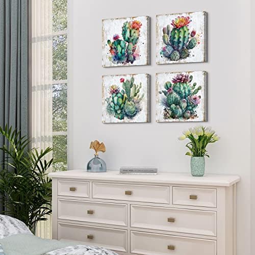Cactus Wall Art Cactus Bathroom Decor Mexican Succulent Pictures Wall Decor | Southwestern Wall Art Boho Botanical Plants Canvas Prints Desert Flowers Paintings Living room Home Office Decor 12x12" 4Pcs
