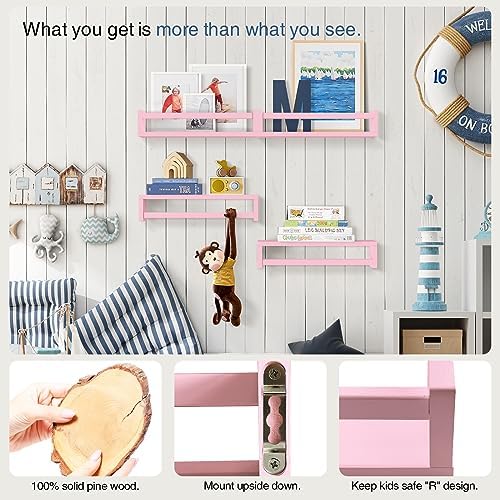 Forbena Pink Nursery Floating Shelves for Wall, Small Kids Wall Bookshelf for Baby Toddler Girls Room, Wood Nursery Hanging Book Shelves for Childrens Bedroom Toys Storage Organizer (Set of 4, Pink)