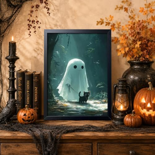 Framed Cute Ghost and Black Cat Wall Art, Whimsical Halloween Canvas Poster Print Picture, Spooky Cute Ghost Painting Aesthetic Wall Decor for Bedroom Living Room Bathroom Home Decoration 12x16 Inch