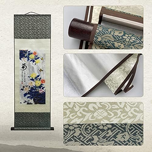 AtfArt Asian Wall Decor Beautiful Silk Scroll Painting 4 Righteous Men Flowers - Plum Orchid Bamboo Chrysanthemum Oriental Decor Chinese Art Wall Scroll Hanging Painting Scroll (Chrysanthemum)