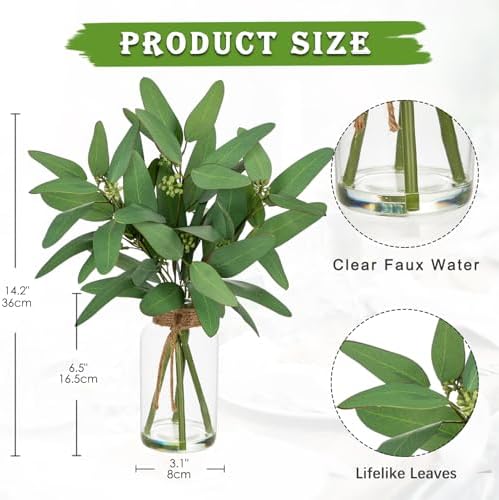 Artificial Eucalyptus Stems Fake Plants in Glass Vase with Faux Water