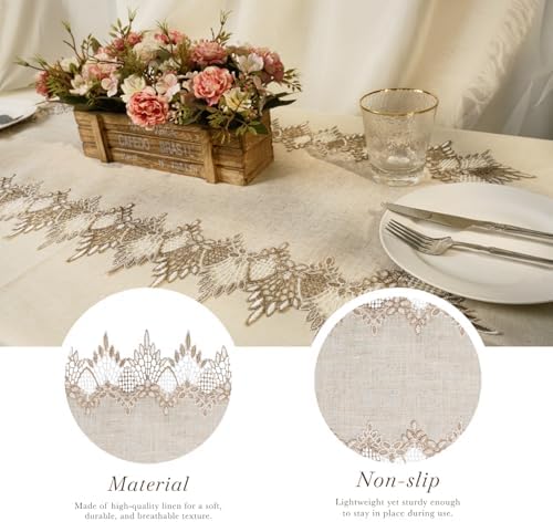 Phantomon Neutral Linen Table Runner 36 Inches Beige Embroidered Runner Lace Centerpiece for Dresser Tops, Dining Tables, Coffe Table and Home Decorations for Farmerhouse (Beige, 16 X 36 Inch)