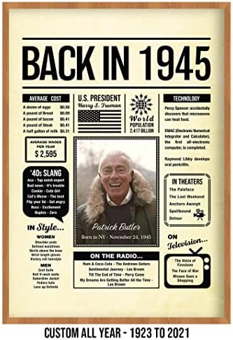 Personalized 80 Year Old Birthday Gifts For Men Women - Back in 1945 Poster with Photo - Party Table Centerpiece 80th Birthday Decorations for Men Women - Custom Born in 1945 Newspaper Vintage Poster