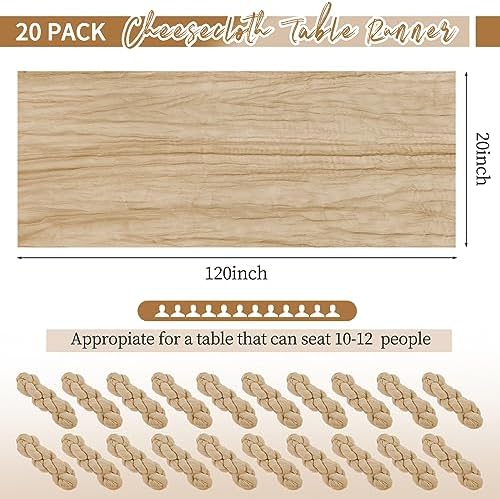 20 Pack Beige Table Runner 10Ft Cheesecloth Table Runner Boho Gauze Cheese Cloth Table Runners Romantic Long Sheer Fabric Table Runners for Wedding Party Bridal Shower
