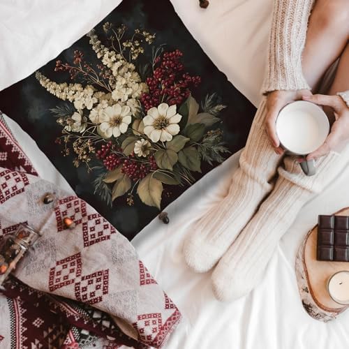 Vintage Moody Floral Pillow Cover 18x18 Double-Sided, Dark Cottagecore Red and White Wildflower Botanical Decorative Throw Pillow Cover for Home Bedroom Living Room