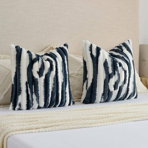 FUTEI Pack of 2 Faux Fur Throw Pillow Covers 26x26 Inch, Navy Blue White