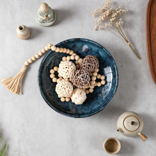 Ceramic Fruit Bowl for Kitchen Counter,Decorative Pedestal Bowl for Table Countertop,Japanese Stye Large Footed Serving Bowl,10.2 Inch (Starry Blue)
