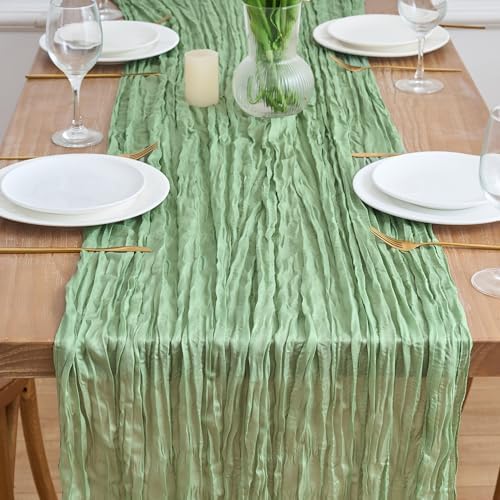 Asee'm 4pcs Cheesecloth Table Runner 120 Inches Sage Green Boho Gauze Cheese Cloth Runner 10FT Rustic Sheer Table Runners for Summer Wedding Baby Shower Holiday Party Decoration