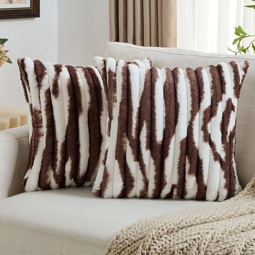 FUTEI Pack of 2 Faux Fur Throw Pillow Covers 16x16 Inch, Coffee White