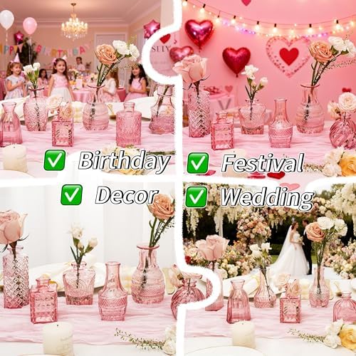 Clear Pink Glass Bud Vase Set of 14 Pcs,Small Bud Vases in Bulk,Glass Crystal Flower Vases Table Centerpieces for Party Event Wedding Decor Baby Shower Decorations (Pink, 14 Pcs)
