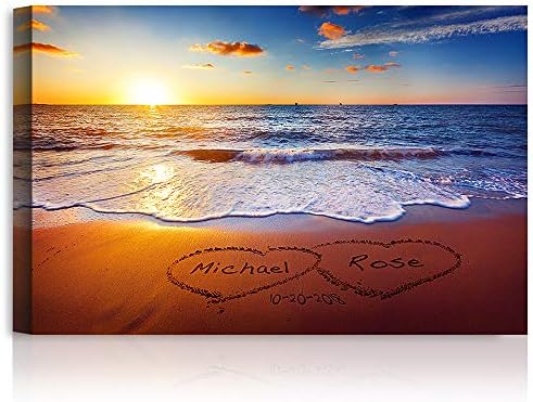 Love on Beach Heart in Heart Personalized Canvas Prints Artwork with Couple's Names and Date on,Perfect Love Gift for Anniversary,Wedding,Birthday and Holidays. 24x16 inches