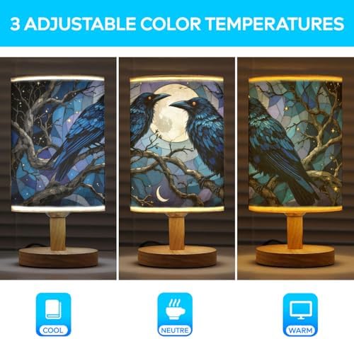Raven and Crow Table Lamp LED 3-Color Pressed Bedside, Raven and Crow Shade Lamp with Wood Base for Bedroom Living Room Desk Office TL01