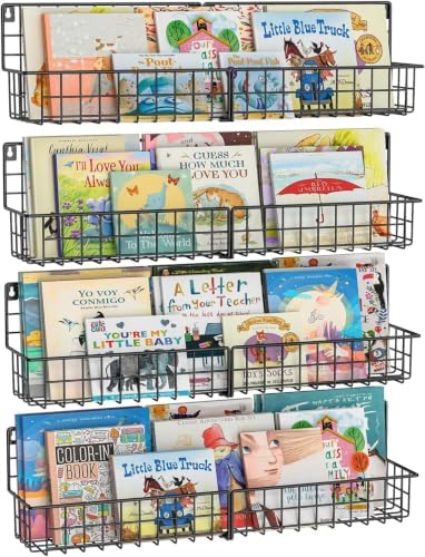 X-cosrack 24 Inch Wall Mounted Kids Bookshelf, Floating Metal Book Shelves for Kids Nursery Toddler Classroom, Hanging Book Shelf Organizer for Room Decor, Black, Set of 4
