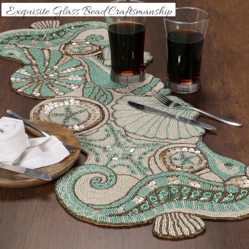 Beaded Table Runner 13x36 Coastal Sea Shell Premium Glass Beads & Polyester Ideal for Wedding Home Décor Christmas & Family Gathering (Multi) - ALPHA Living HOME
