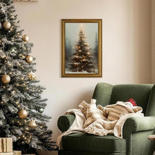 Fantasy Artists Christmas Framed Canvas Wall Art, Lighted Christmas Tree in Snowy Forest Gold Frame Print, Vintage Winter Holiday Decor for Living Room Bedroom Entryway, Ready to Hang, 16" Wx24 H
