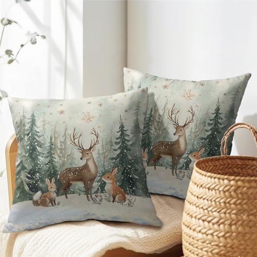 Xmas Reindeer Throw Pillow Cover 22x22 Inch Set of 2 Winter Trees Snowflake Holiday Animals Pillowcase Christma Deer Farmhouse Cushion Case for Home Sofa Couch Decor