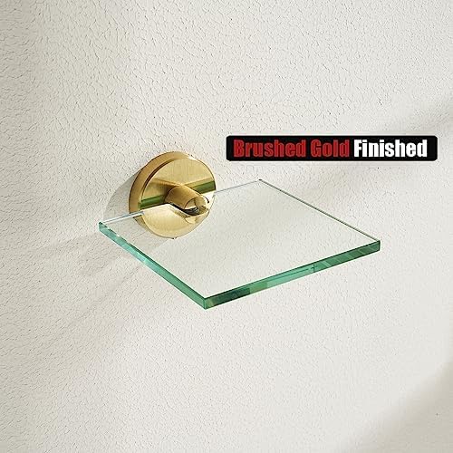 JQK Small Floating Glass Shelves Gold, 4 Inch Display Ledges for Wall, Mini Decor, Living Room Bedroom Bathroom, Tempered Glass Shower Storage, 2 Pack, TGS101L4-BG-P2