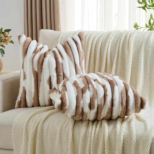 FUTEI Pack of 2 Faux Fur Throw Pillow Covers 24x24 Inch, Brown White